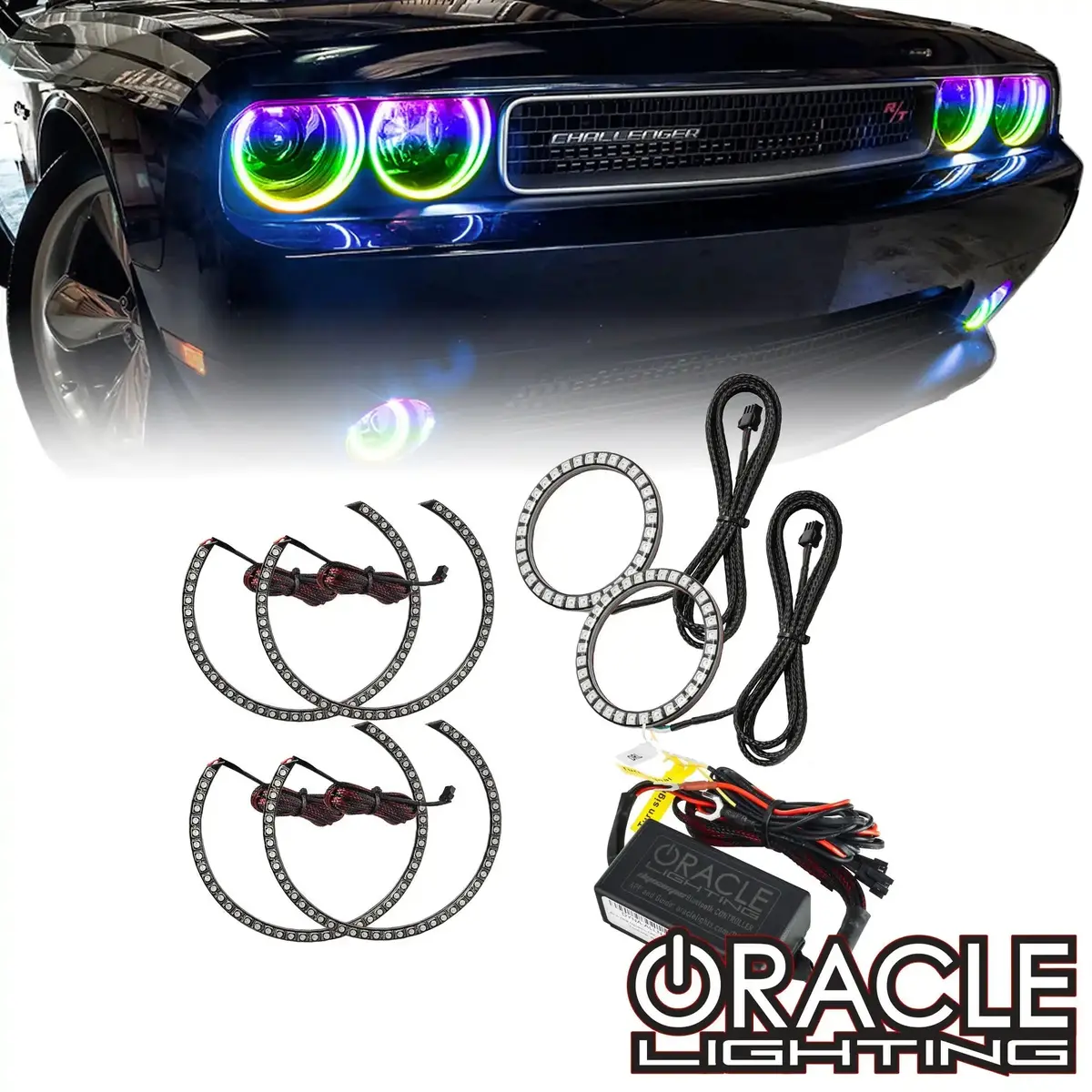2008-2014 Dodge Challenger Dynamic Colorshift Surface Mount Headlight & Fog Light Halo Kit - Combo 1