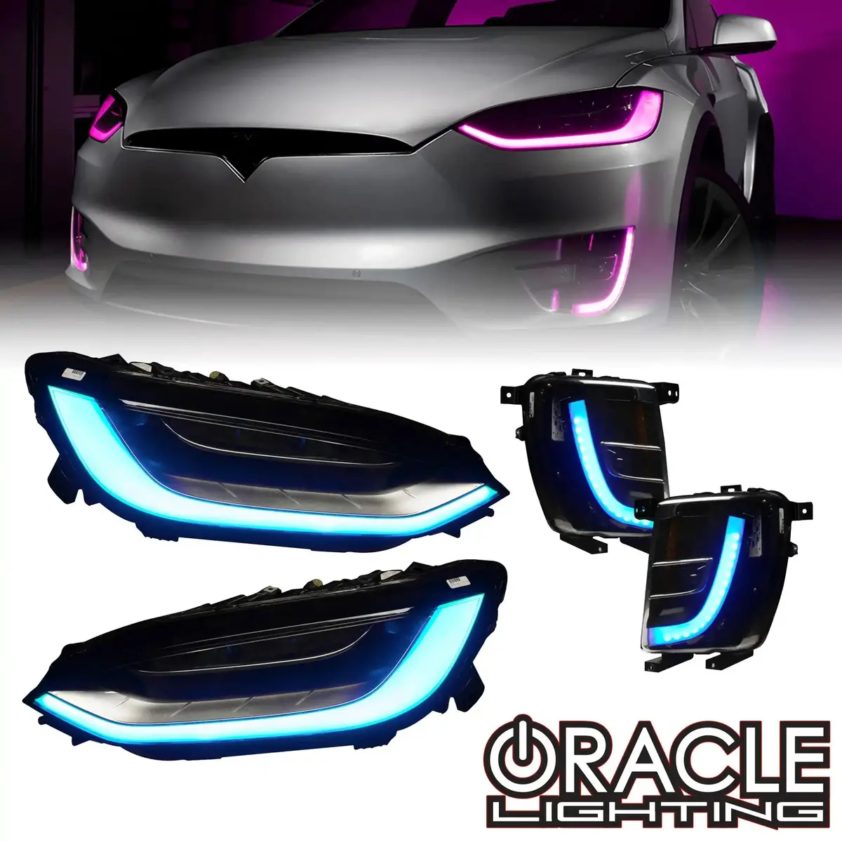 Oracle Lighting 2016-2024 Tesla Model X Dynamic Colorshift Headlight & Fog Light Drl Upgrade Kit - Combo 1