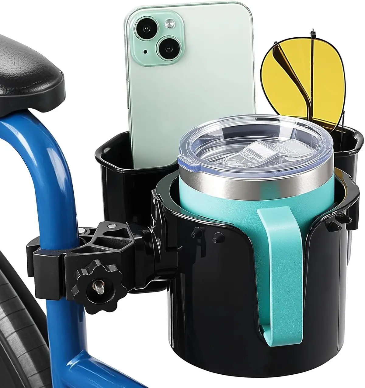 Joytutus Wheelchair Cup Holder 2 Pack, 2-In-1 Walker Cup Holder With 6.4'' Storage Box, Drink Holder For Bottle With Handle, Fit For Wheelchair, Walker, Rollator, Stroller, Camper, Golf Cart (Large) 1