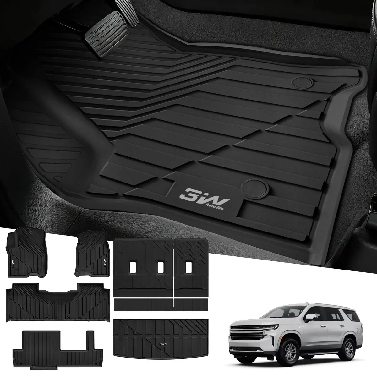 3W Chevy Tahoe 2021-2026/ Gmc Yukon / Cadillac Escalade (Only For 8 Seats) 2021-2026 Floor Mats/ Cargo Liner Thorex™ All-Weather Protection 2