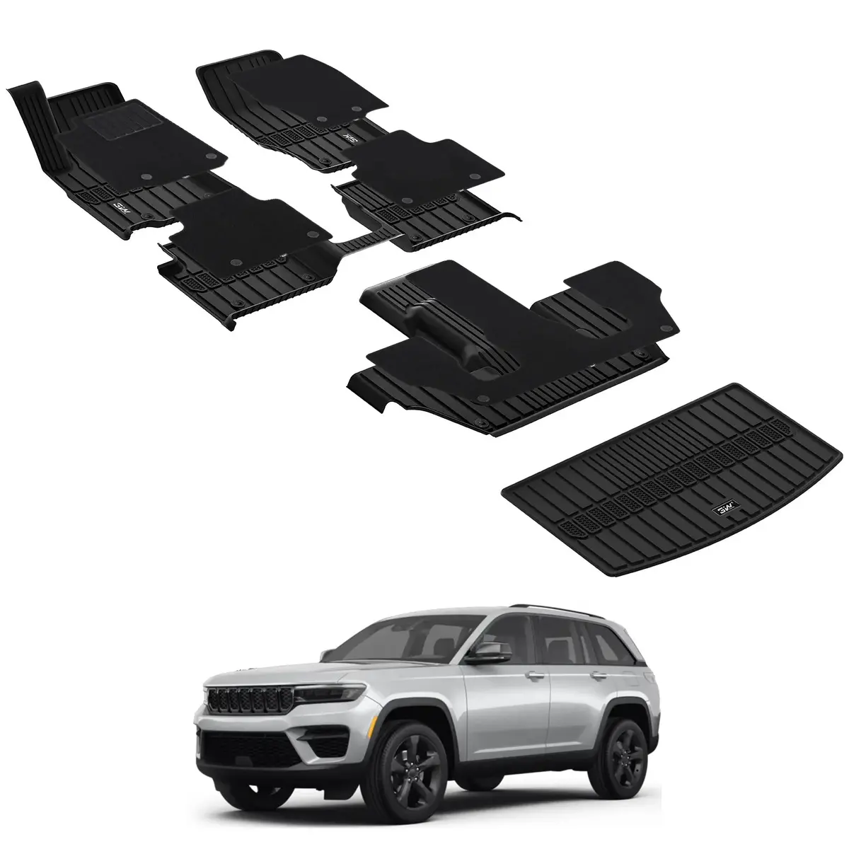 3W Jeep Grand Cherokee L 6 Seat 2021-2026 Custom Floor Mats With Double Layer Carpet / Trunk Mat Thorex™ All-Weather Protection 1
