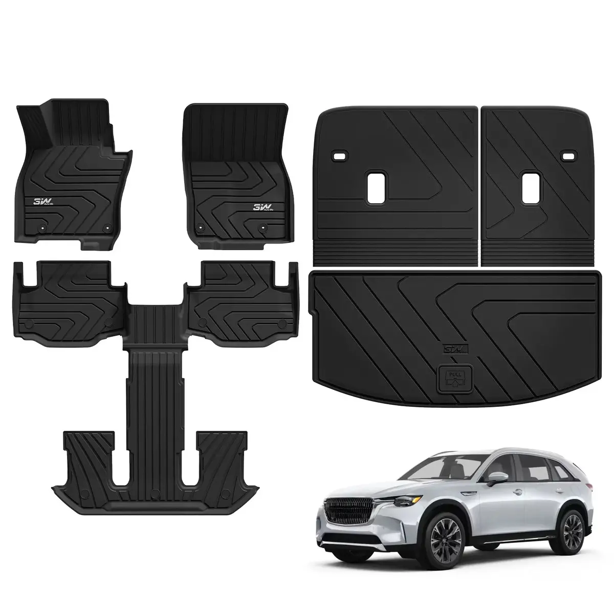 3W Mazda Cx-90 7-Seat (Fits Gas & Phev With 2Nd Row Bucket Seats) 2024-2026 Custom Floor Mats/ Cargo Liner/ Seat Back Protector Thorex™ All-Weather Protection 1