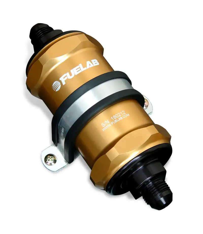 Fuelab 818 In-Line Fuel Filter Standard -10An In/-12An Out 10 Micron Fabric - Gold 1