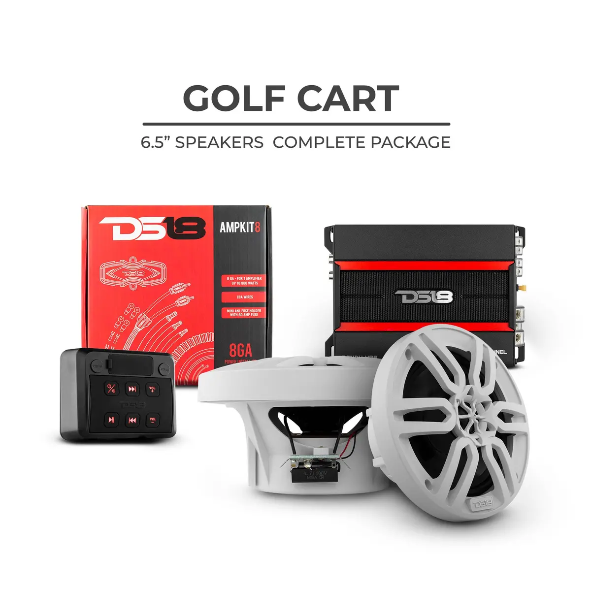 Ds18 Golf Cart Package - 2 X 6.5” Marine Speakers +1 X 2 Ch Amp +1 X Ampkit8 +1 X Ensbtrc-Sq, Black Or White. 1