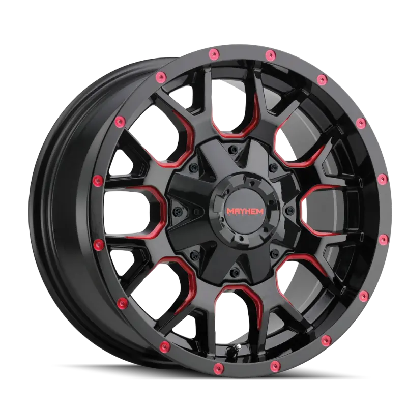 Mayhem 8015 Warrior Forged Alloy Wheel – 20X9In, 8X180Mm Bolt Pattern, 0Mm Offset, 124.1Mm Hub Bore, Black W/ Prism Red Accents 1