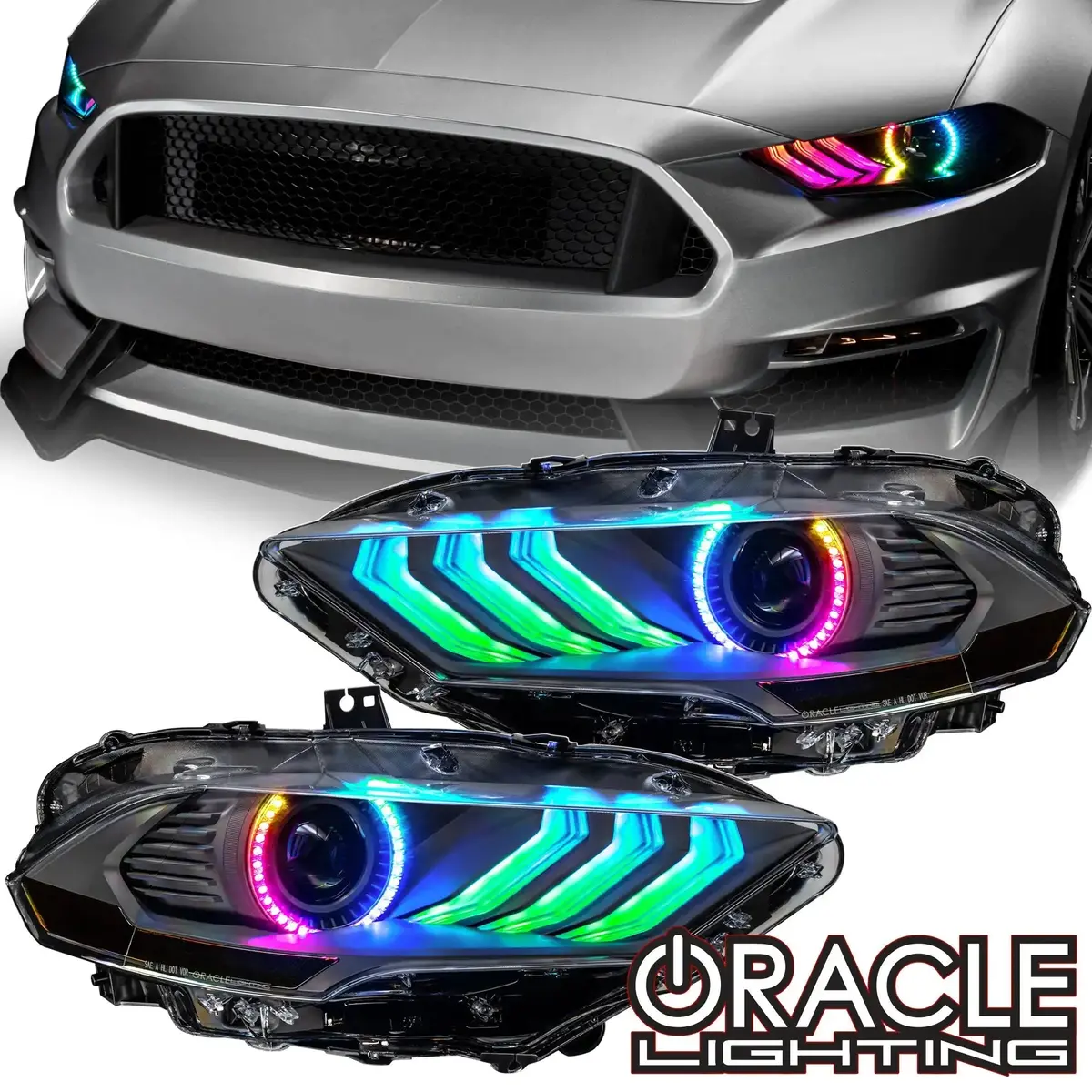 Oracle Lighting 2018-2023 Ford Mustang "Black Series" Dynamic Colorshift Led Headlights W/ Sequential Turn Signal 1