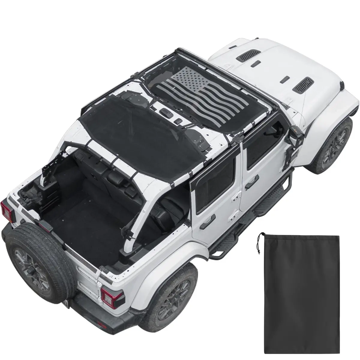 Jeep Wrangler Jlu 4-Door (2018–2026) Mesh Sun Shade Top – Full Coverage, Us Flag 1
