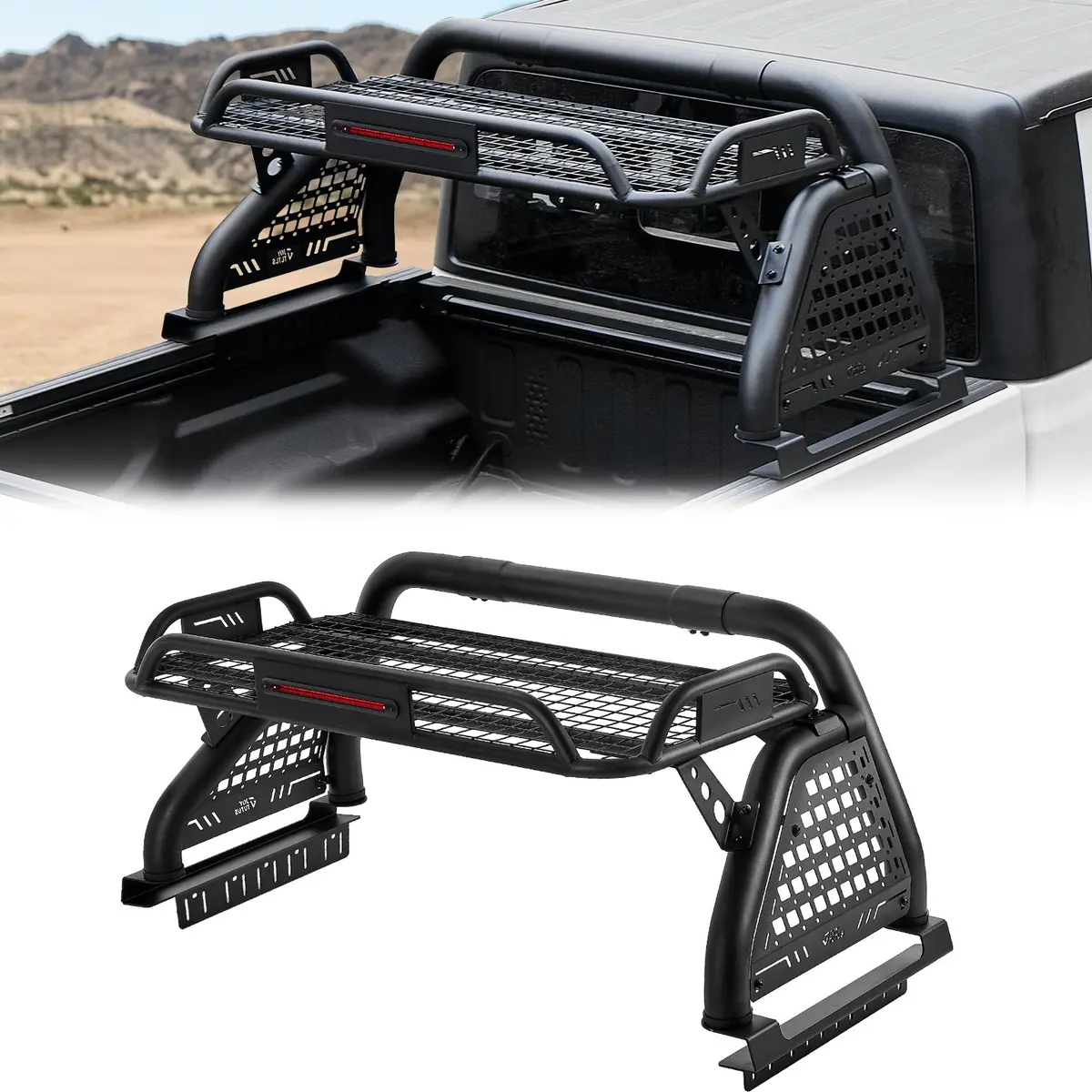 Mid-Size Truck Roll Bar With Cargo Basket & Led Brake Light 1
