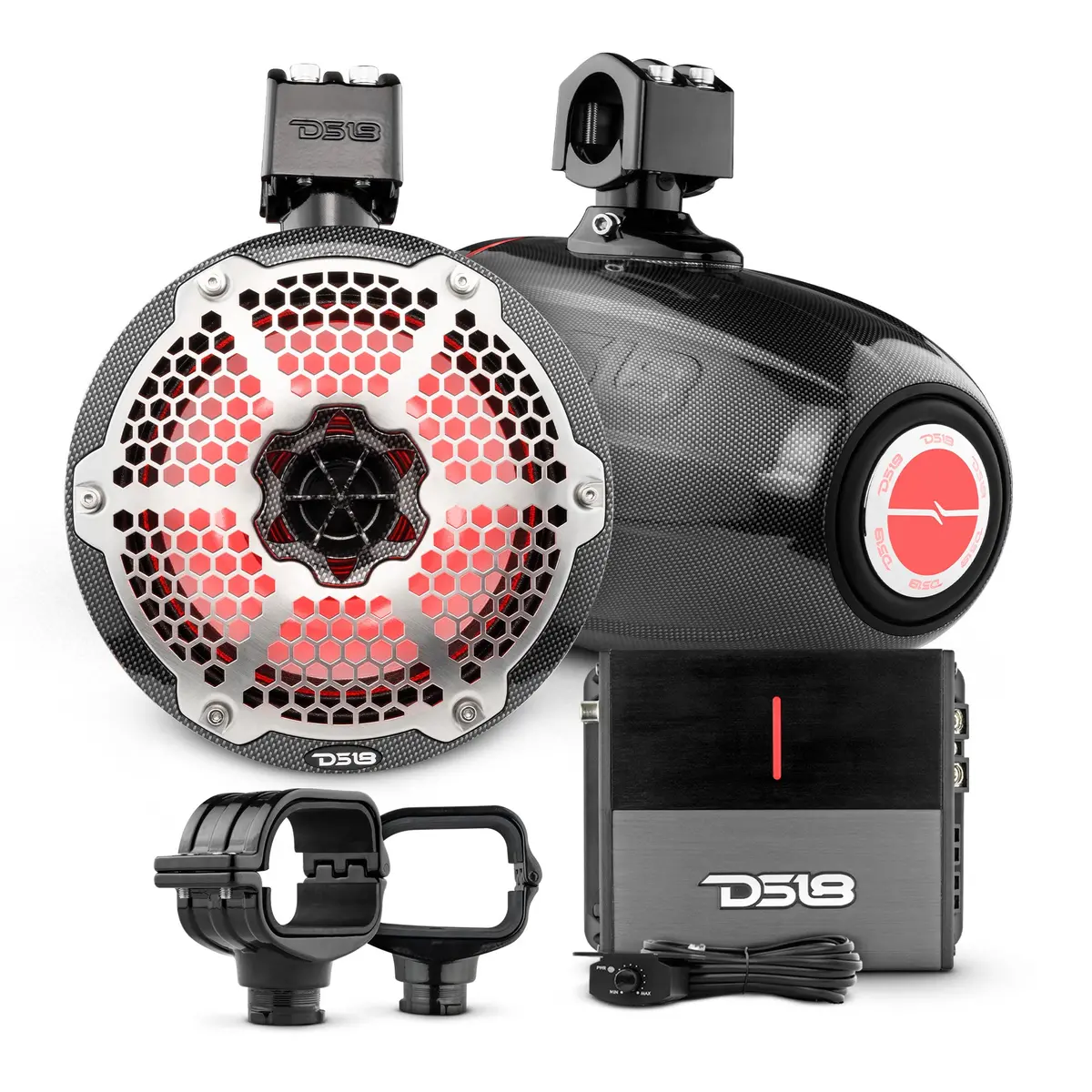 Bronco 6Th Gen Roll Bar Audio Bundle – 8" Marine Tower Speakers With Rgb Led Lights, Oem Roll Bar Mounting Clamps & Amplifier 1