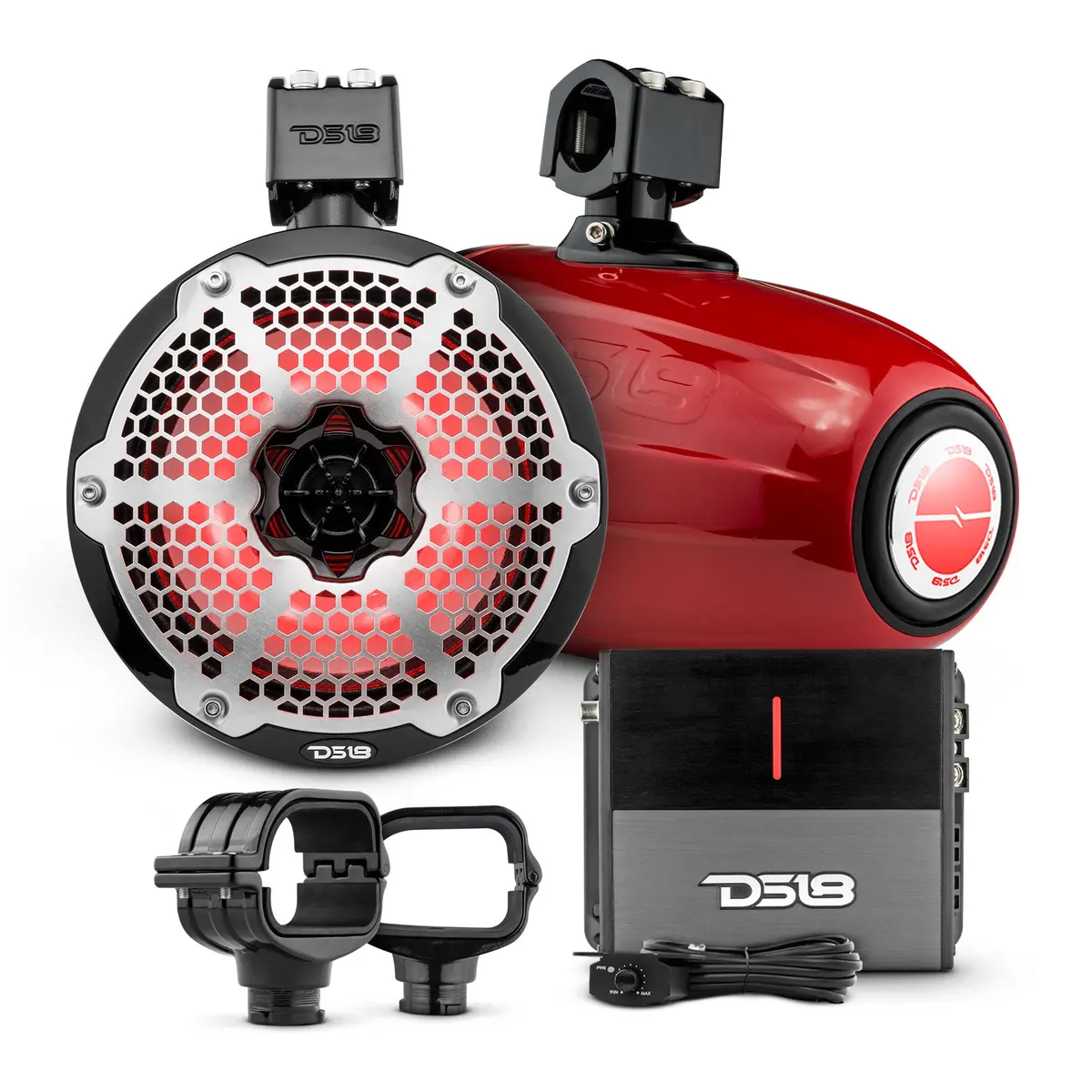 Bronco 6Th Gen Roll Bar Audio Bundle – 8" Marine Tower Speakers With Rgb Led Lights, Oem Roll Bar Mounting Clamps & Amplifier 1