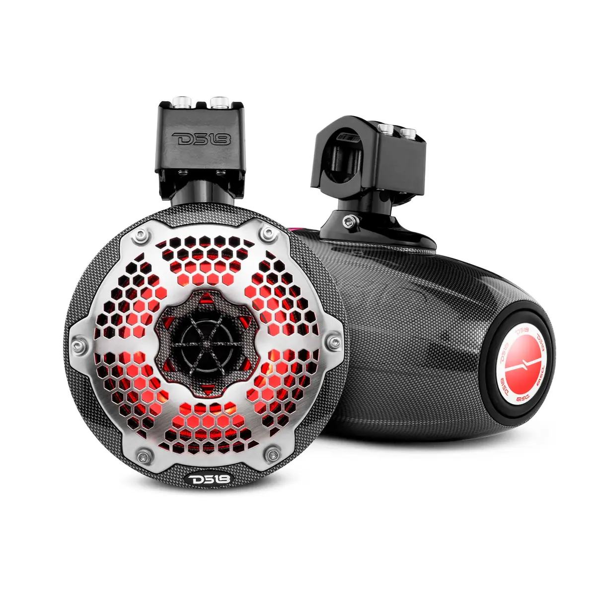 Nxl 6.5" Neodymium Marine And Powersports Towers With Built-In Passive Radiator, 1" Driver And Led Rgb Lights 150 Watts Rms -Black Carbon Fiber 1