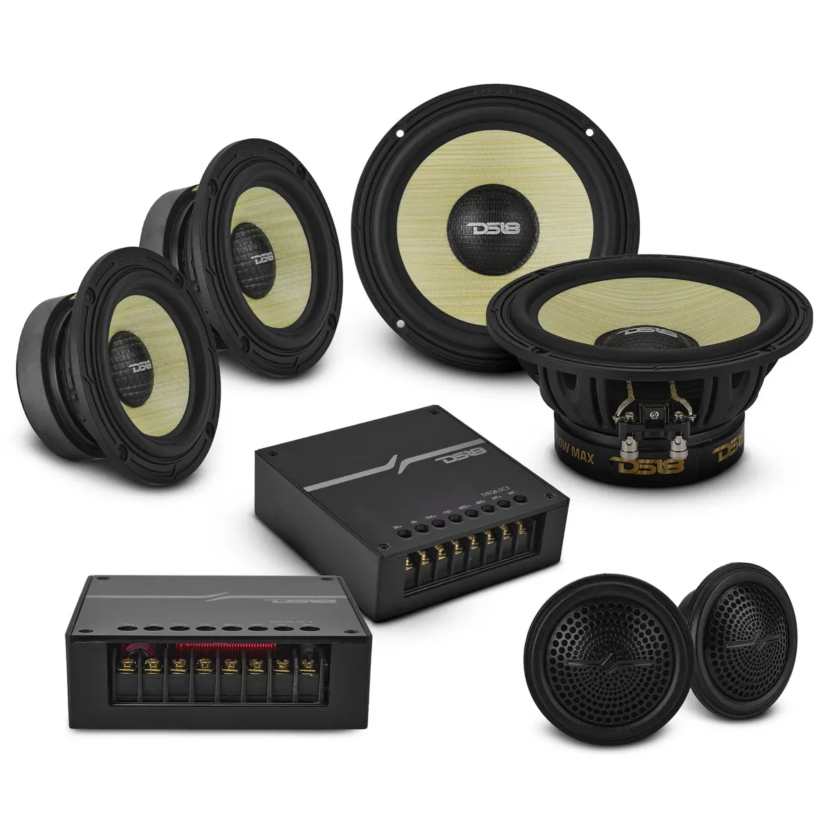 Dxq 6.5" 3-Way Component Speaker Set With Yellow Straw + Composite Foam Cone | 150W Rms 4-Ohm 1