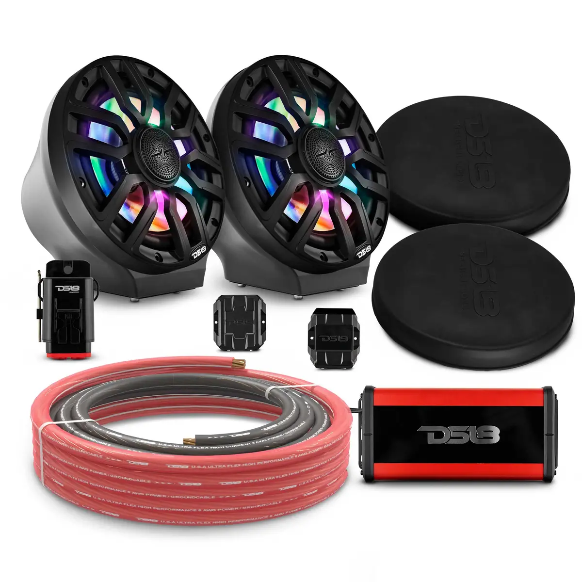 8" Loaded Flat Mount Speaker Pods With Amplifier, Installation Kit And Digital Led Lights, Package For Can-Am Spyder & Ryker 1