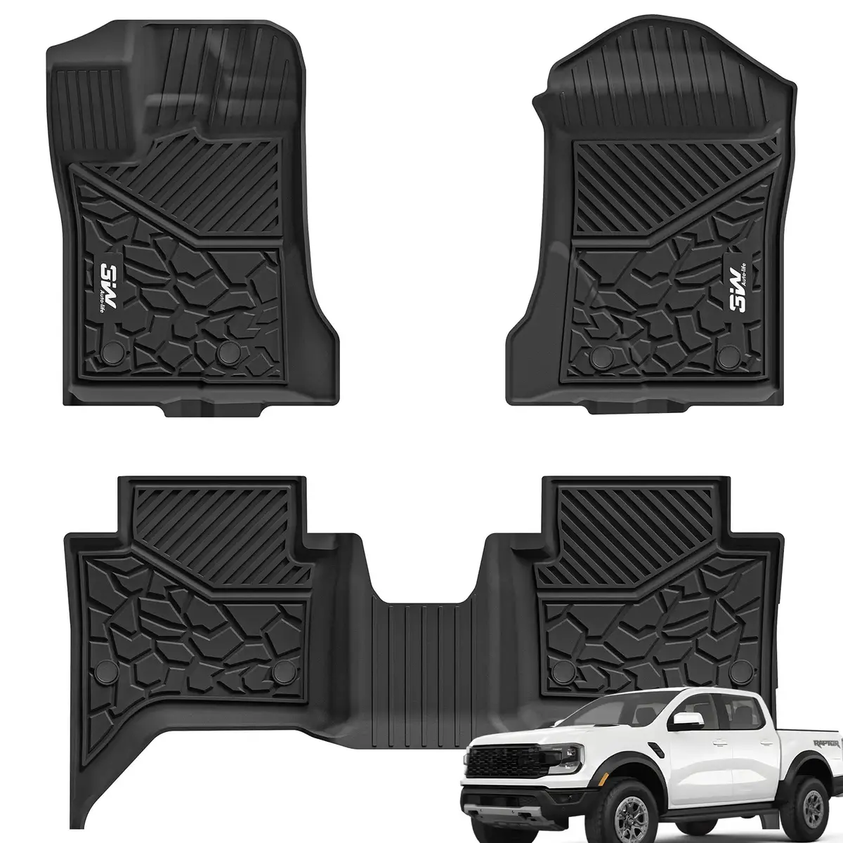 3W Ford Ranger Supercrew 2024-2026 Custom Floor Mats/ Bed Mat Thorex™ All-Weather Protection 1