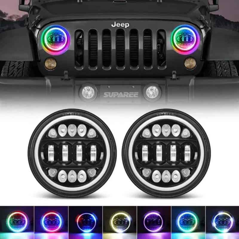 Suparee 7" Jeep Rgbw Halo Led Headlights With Amber Turn Signal For 1997+ Wrangler 1