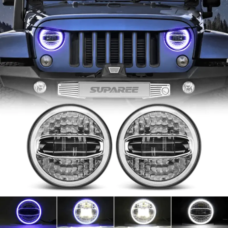 Suparee 7'' Jeep Led Halo Headlights With Blue To White For 1997+ Wrangler 1