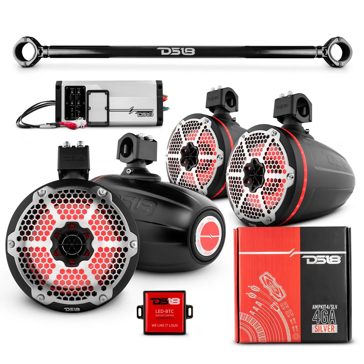 Jk-Tube 4X 8" Marine Towers Speakers With Rgb Led Lights, 4-Channel Marine Amplifier And Ampkit For Jeep Jk/Jku 3