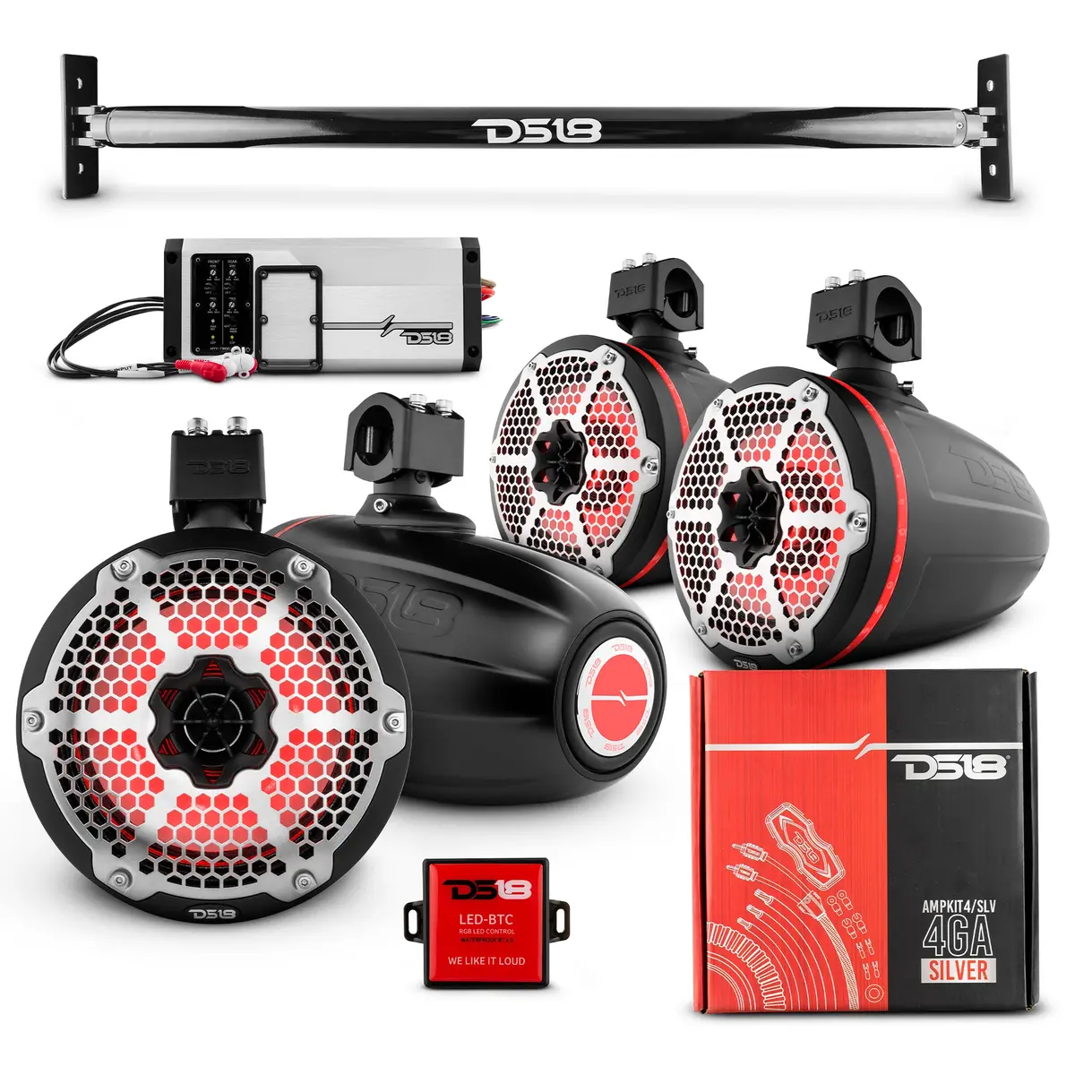 Jl-Tube 4X 8" Marine Towers Speakers With Rgb Led Lights, 4-Channel Marine Amplifier And Ampkit For Jeep Jl 3