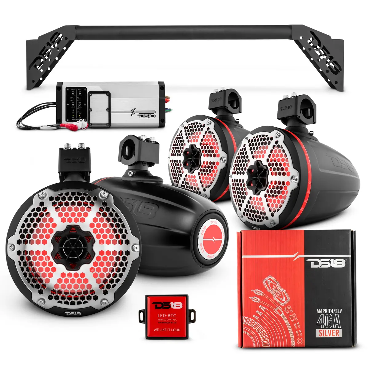 Jl-Tubeup 4X 8" Marine Towers Speakers With Rgb Led Lights, 4-Channel Marine Amplifier And Ampkit For Jeep Jlu 3