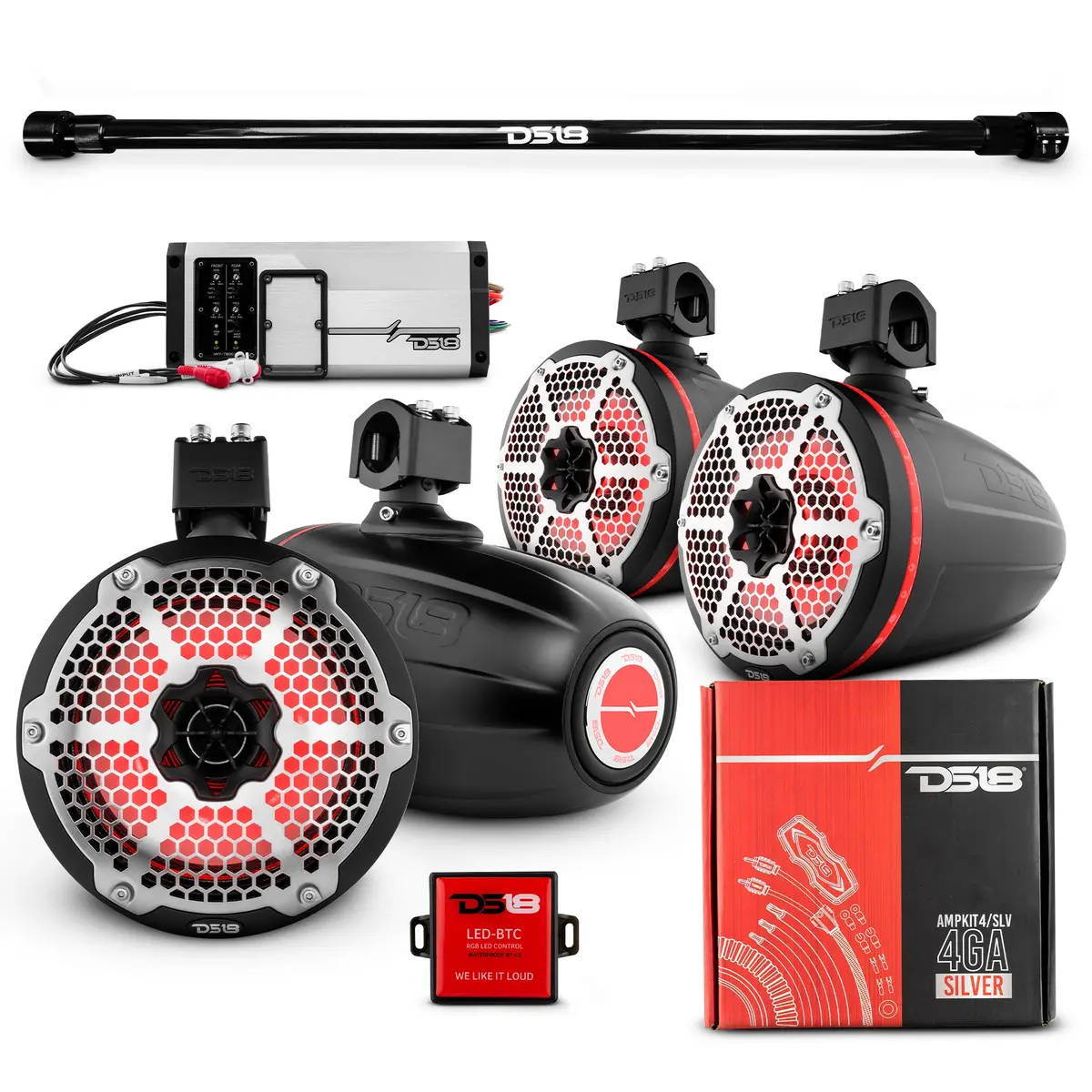 Pu-Tube 4X 8" Marine Towers Speakers With Rgb Led Lights, 4-Channel Marine Amplifier And Ampkit For Pick Up & Trucks 3
