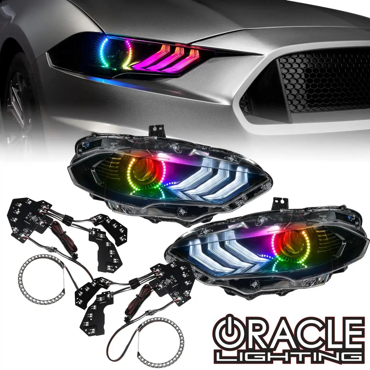 Oracle Lighting 2018-2023 Ford Mustang Dynamic Colorshift Drl Upgrade W/Halo Kit & Sequential Turn Signal 1