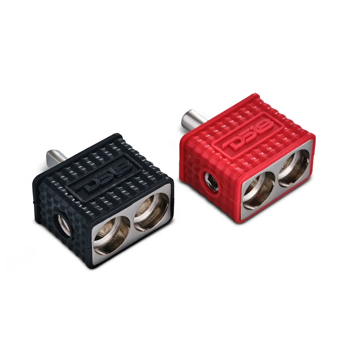 Dual 1/0-Ga To 1/4-Ga Amp Input Reducers With Offset Stub And Silicone Cover - Black/Red 1