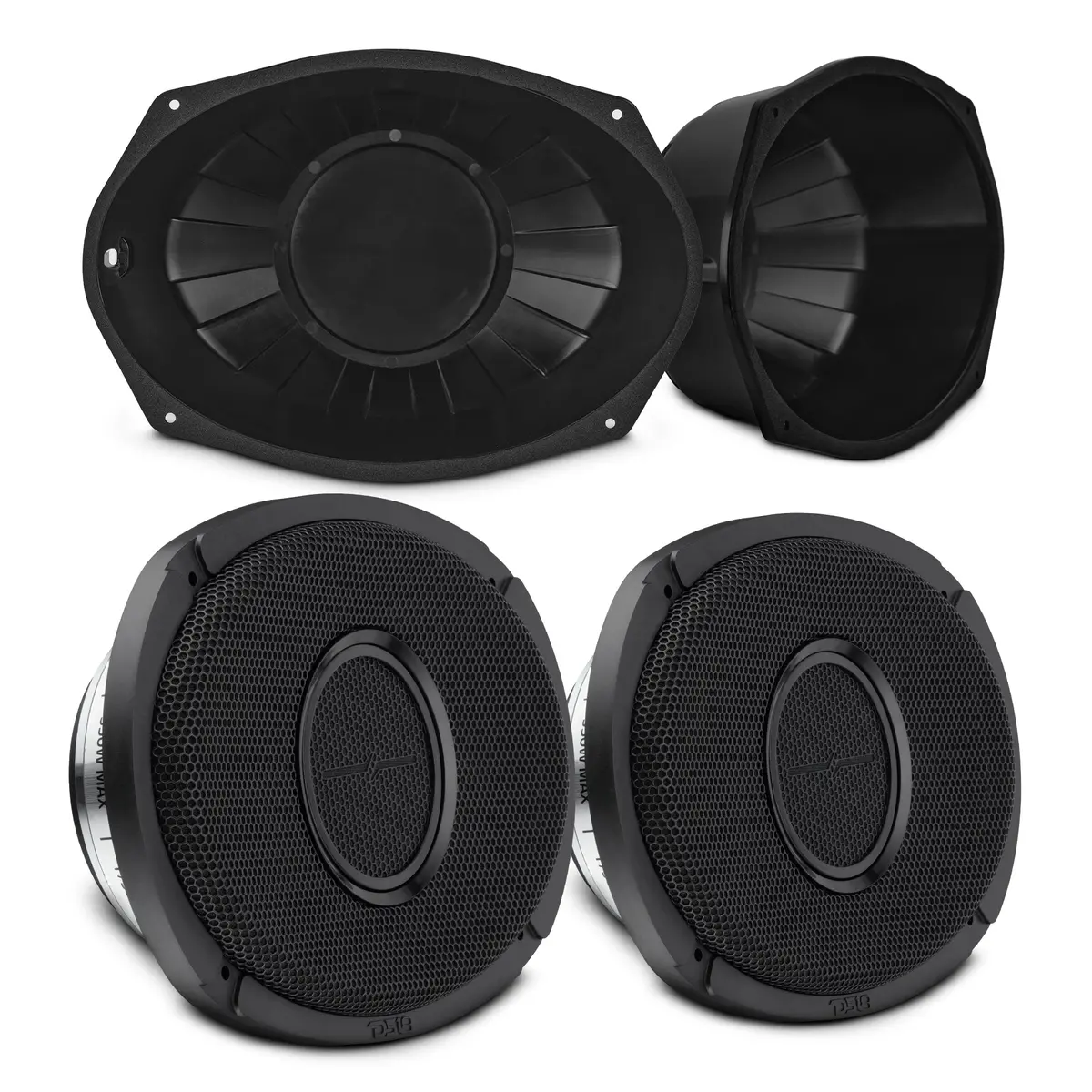 6X9” Hybrid Motorcycle Speaker Bundle – Slim 2-Way Loudspeakers + Sealed Abs Baffles (Pair) | Ip65 Water-Resistant, High Output 1