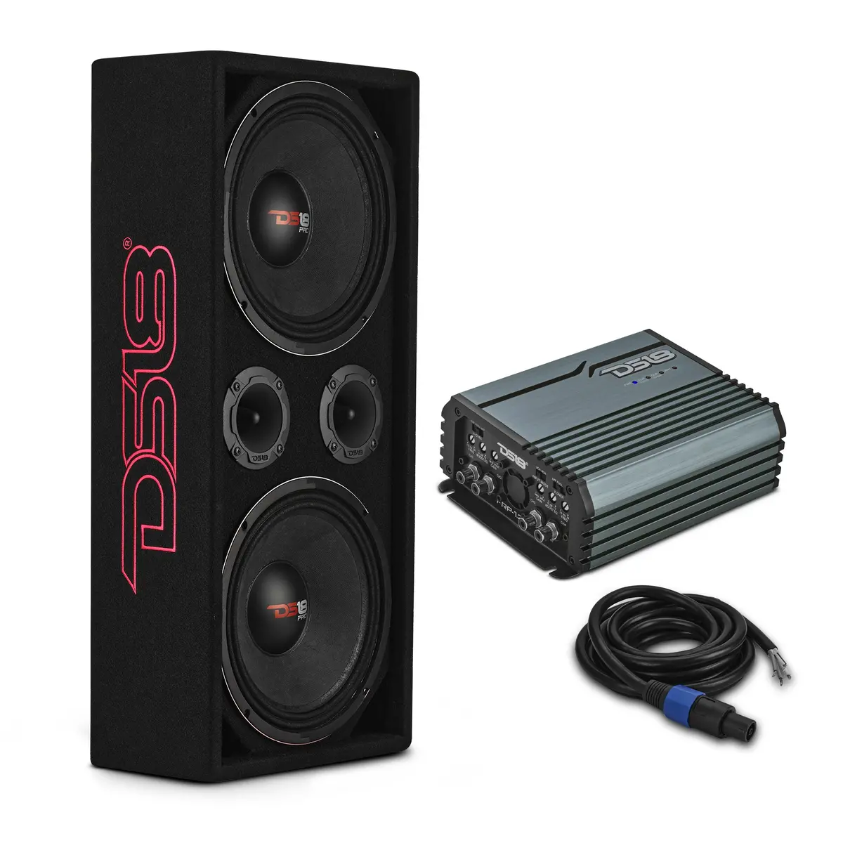 Loaded Voceteo Enclosure With Dual 10" Mids, Dual 3.78" Tweeters, Amplifier & Speakon Cable 1