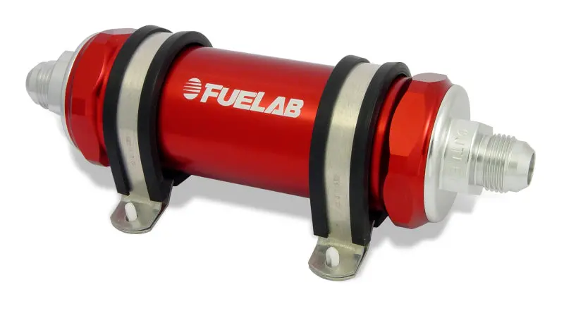 Fuelab 828 Inline Fuel Filter – Stainless Steel, -10An In / -12An Out, 100 Micron, Red Housing 1