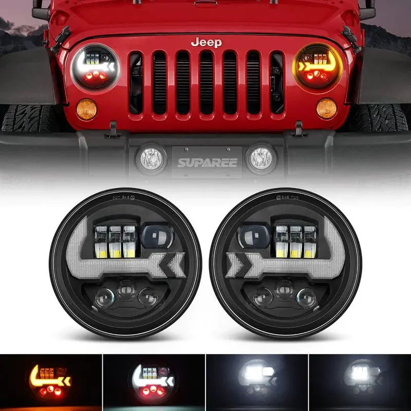 Suparee 7" Jeep Led Headlights With Drl & Turn Signals & Red Mood Lights For 1997+ Wrangler 1