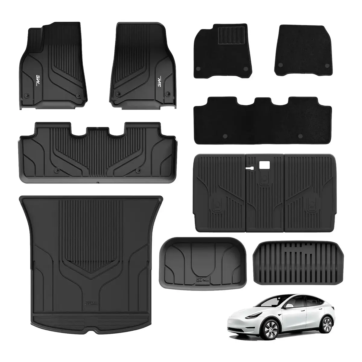 3W Tesla Model Y 2020-2024 Custom Floor Mats With Double Layer Carpet / Trunk Mats Thorex™ All-Weather Protection 5-Seater 1