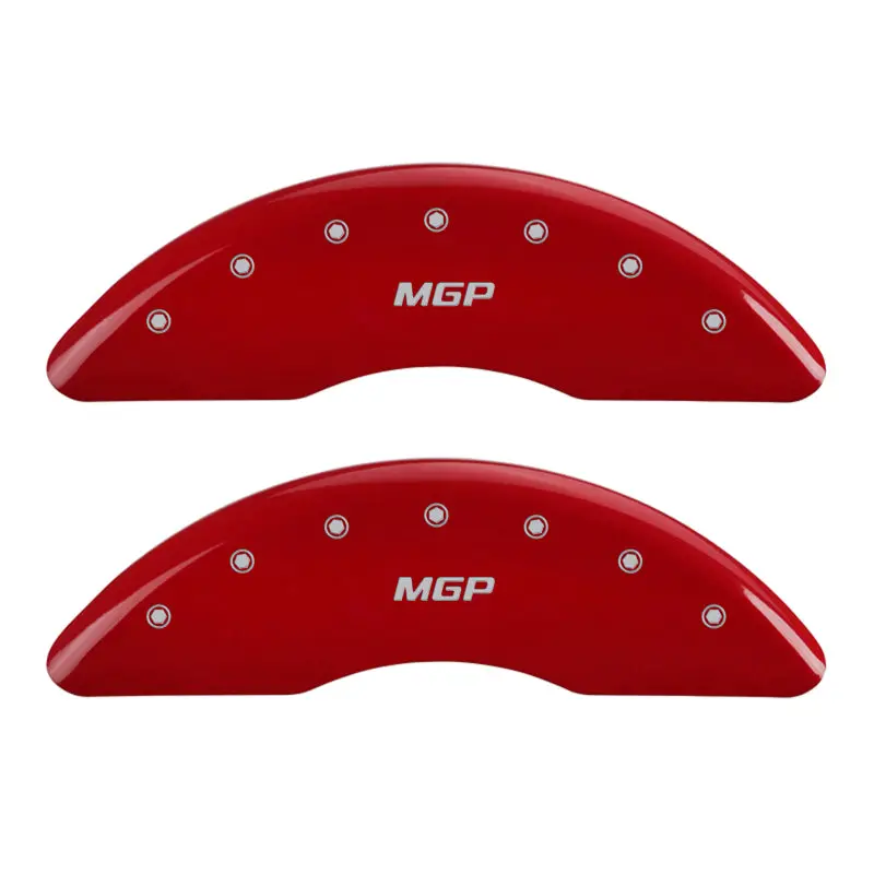 Mgp Engraved 4-Piston Caliper Covers – Front & Rear, Red Finish With Silver Chrome Accents 1