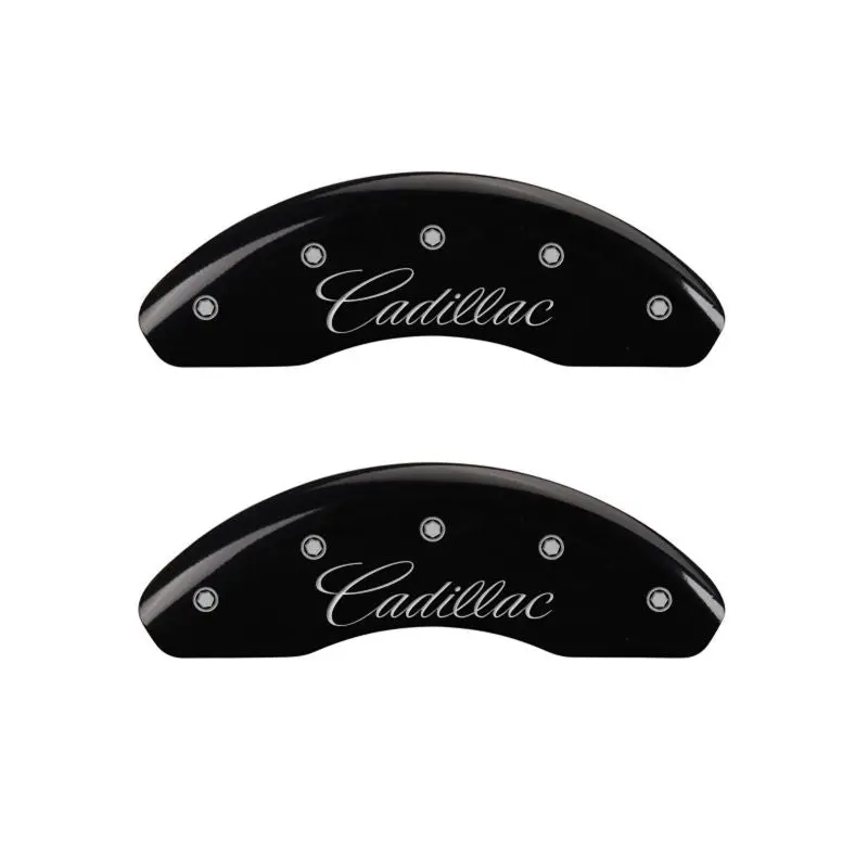 Mgp Engraved 4-Piston Caliper Covers – Front & Rear, Cursive/Cadillac Design, Black Finish With Silver Accents 1