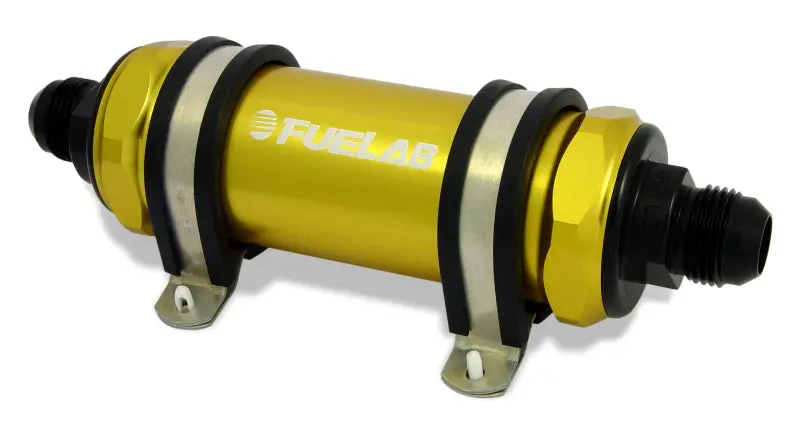 Fuelab 858 In-Line Fuel Filter Long -6An In/-8An Out 40 Micron Stainless W/Check Valve - Gold 1